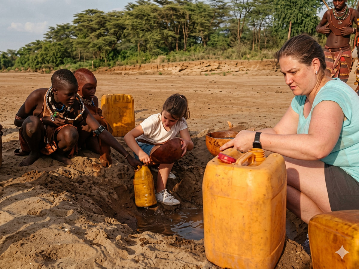 Travelers and local children collecting water together in the Omo Valley, Ethiopia