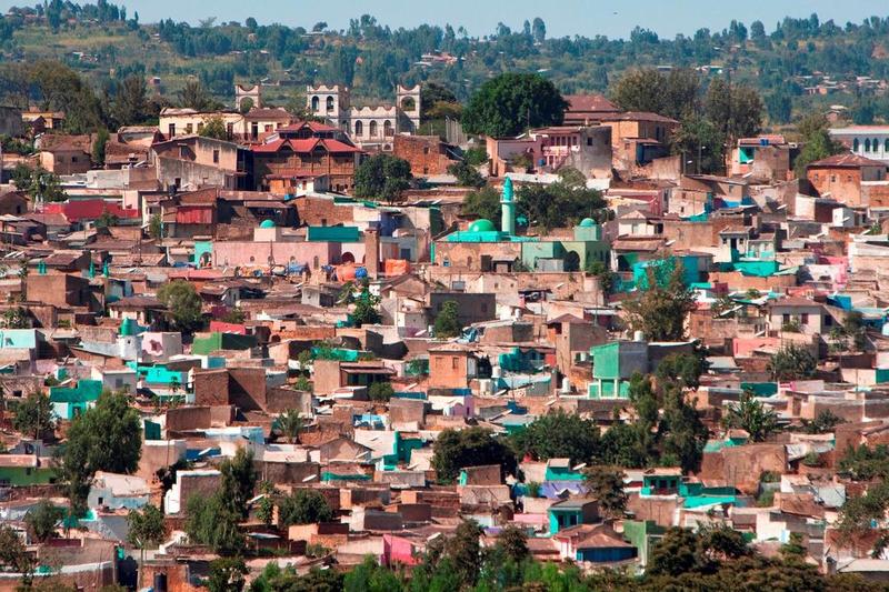 Aerial view of colorful rooftops in the old walled city of Harar, Ethiopia